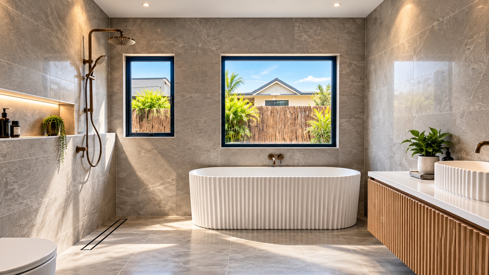 Placeholder: light stone bathroom with freestanding bath and palm shadows