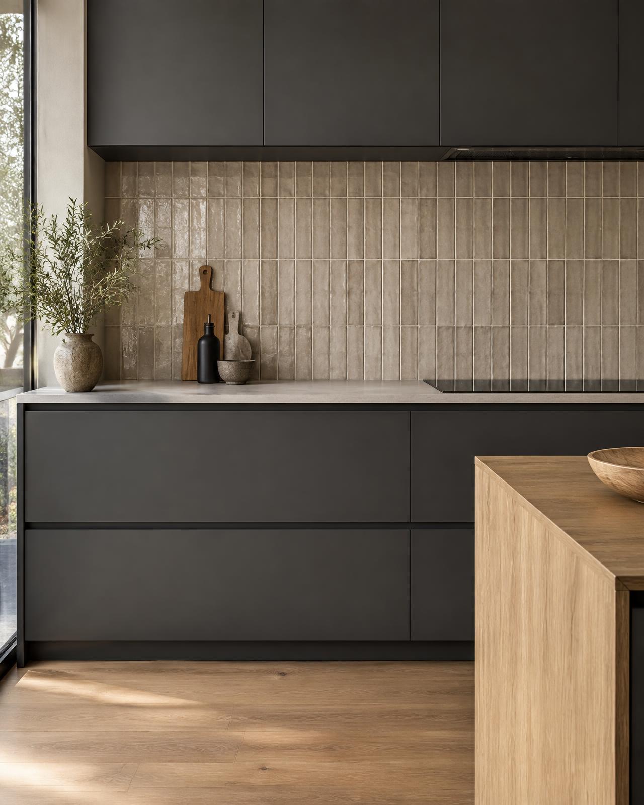 Placeholder: vertical stacked ceramic splashback with charcoal cabinetry